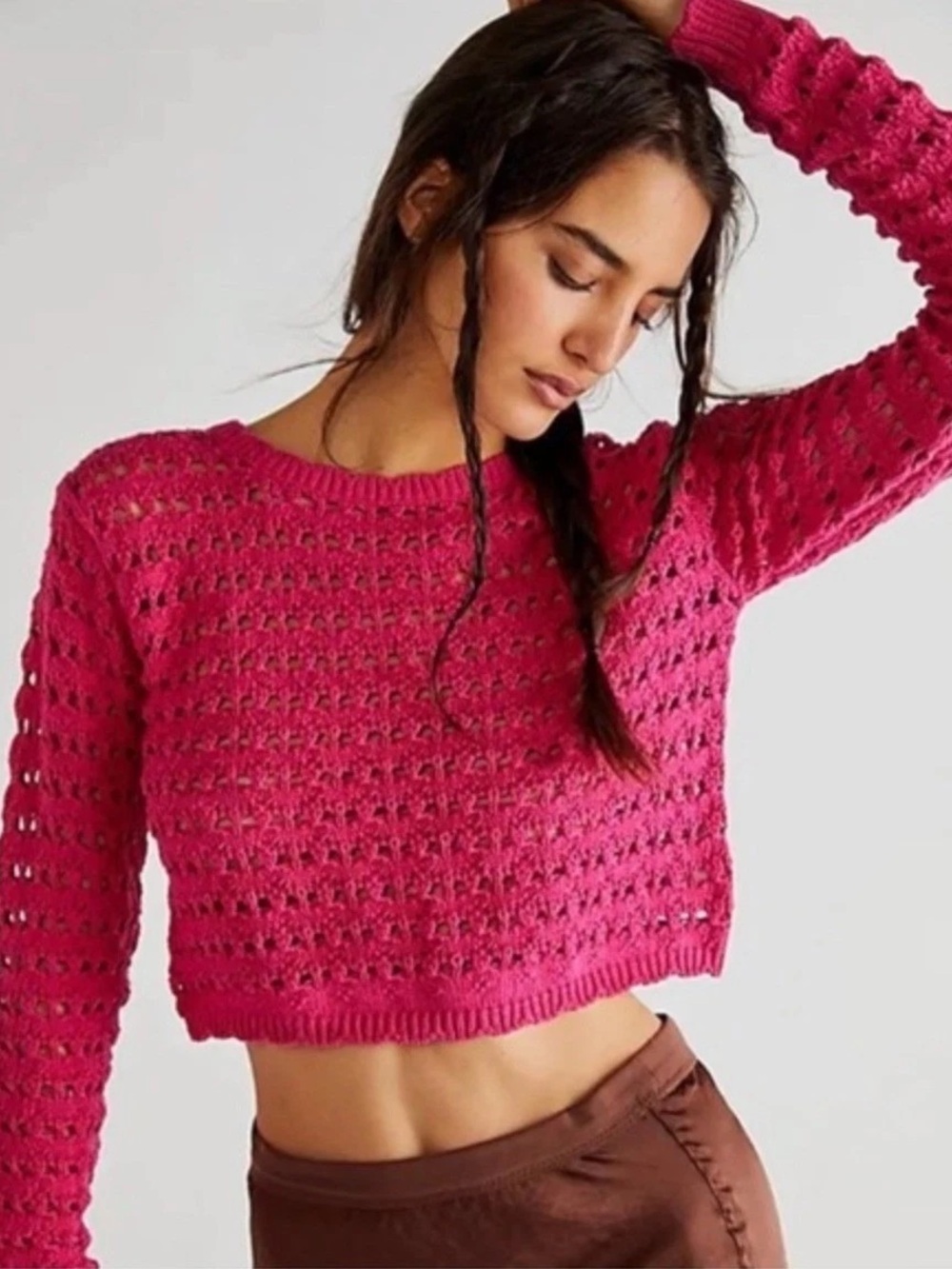Free People Beach Hot Pink Open Knit Crochet Tie Back Sweater Boho Coastal Top